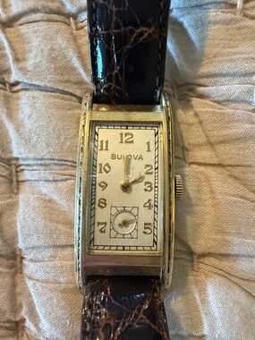 Bulova gold Antique Rectangular Watch with Cream Dial and Brown Leather Strap